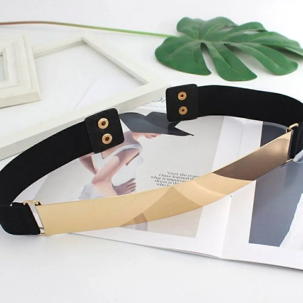 Mirror Gold Silver Tone Metal Plate Elastic Waist Stretchy Dress Belt NEW